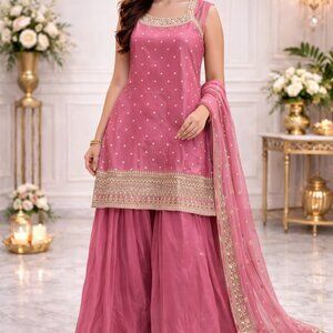 Pink Sharara Set 3-Piece Ethnic Outfit Sleeveless Kurta Dupatta Size 42 (XL)